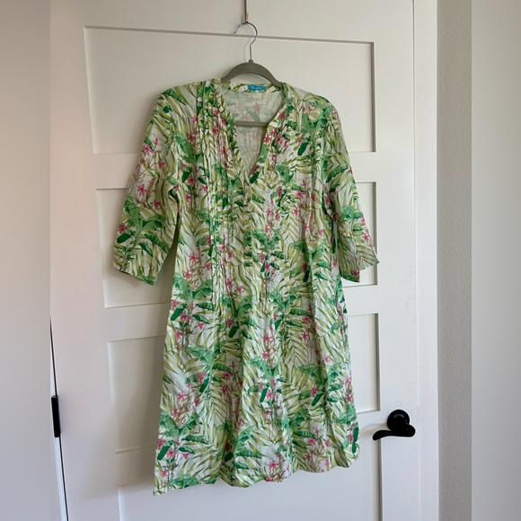 J. McLaughlin Tropical Green and Pink Linen Dress Size M - Picture 2 of 4